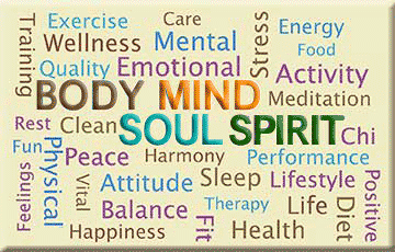 Body Mind Soul Spirit GIF that also lists other positive health attributes such as Activity Energy Food Wellness and more.