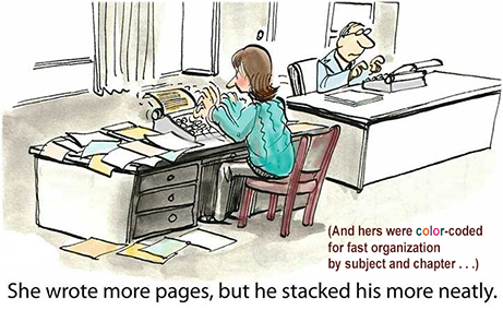 A cartoon woman and a man at their desks writing. She wrote more pages, but he stacked his more neatly. And, hers were color coded for fast organization by subject and chapter.