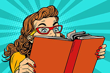 Cartoon style young lady with brown hair and red glasses fascinated by the book she is reading.
