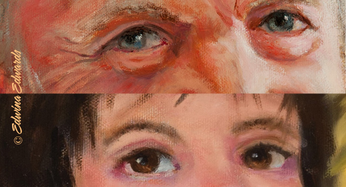 Older man and young boy's oil painted eyes.