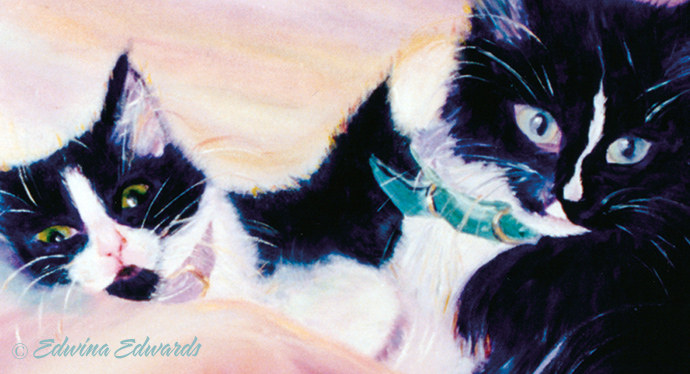 Two tuxedo oil painted kittens titled Tail of Two Kitties.