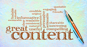 Great Content Word Slab in light blue, has a pen lying on it and other words like shareable, interesting, engaging, quotable, persuasive, and more.